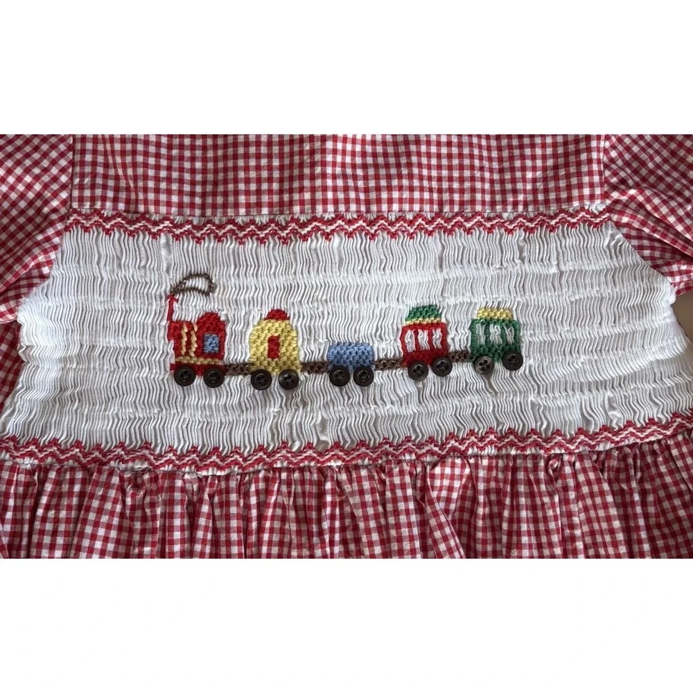 Fantaisie Kids Smocked Embroidered Train Dress Girls 4 Red White Gingham Holiday